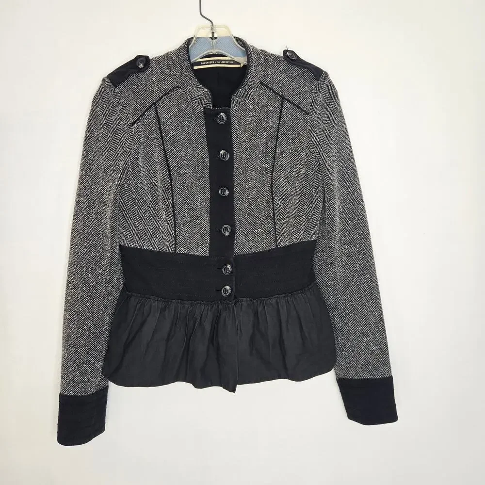 Anthropologie Military Jacket Herringbone Ruffle Hem Structured Black Women 4